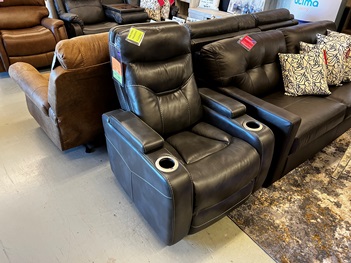Jason Furniture Bolero Charcoal Leather Power Recliner with Cupholders, Arm Storage & Adjustable Headrest