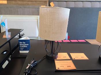 Round Black Metal Table Lamp with Burlap Shade