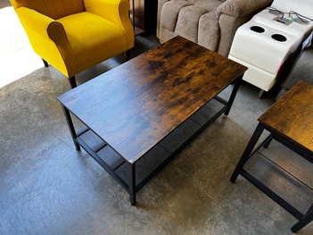 Rustic Brown Wood-Look Coffee Table with Black Metal Base (blemished)