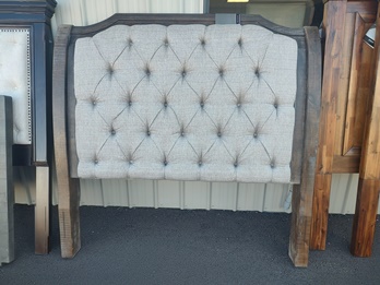 Ashley Dark Walnut Finish Sleigh Style Queen Headboard with Tufted Beige Fabric Panel Accents