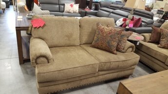 Lane Golden Beige Chenille Loveseat with Rolled Arms & Nailhead Trim