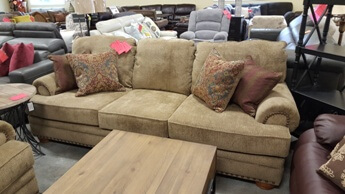 Lane Golden Beige Chenille Sofa with Rolled Arms & Nailhead Trim