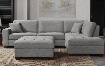 Living Style Miles Light Silver Fabric 2-Piece Sectional with Tufted Seat Accents & Square Ottoman