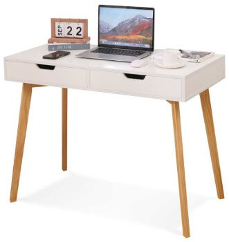 White Minimalist Desk with Hardwood Legs