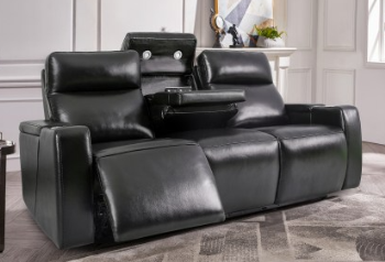 Manwah Limited Renaissance Black Leather Dual Power Reclining Sofa with Drop-Down Console, Cupholders & Storage