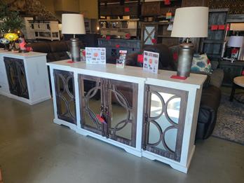 Vintage Furniture Circled 4-Door Console in Nero White with Ashe Grey Doors & Mirrored Accents